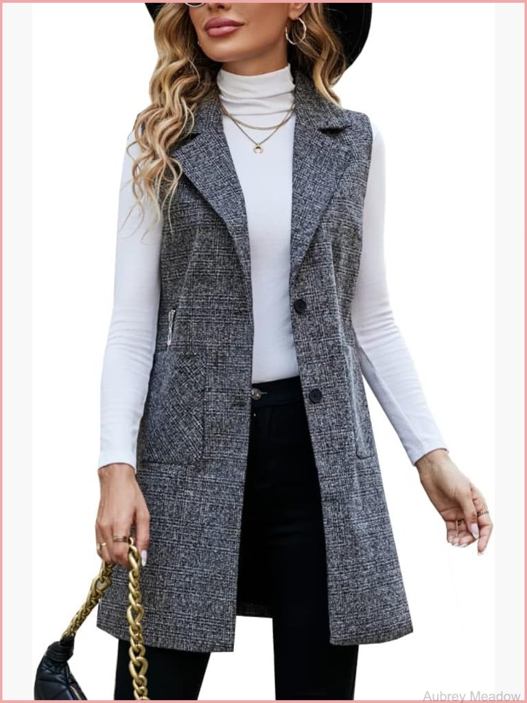 Sleeveless Tweed Blazer Vest Longline Trench Coat Women Outerwear Jacket